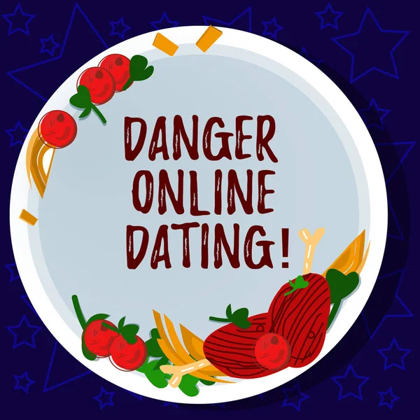 Word writing text Danger Online Dating. Business concept for The risk of meeting or dating demonstrating meet online Hand Drawn Lamb Chops Herb Spice Cherry Tomatoes on Blank Color Plate.