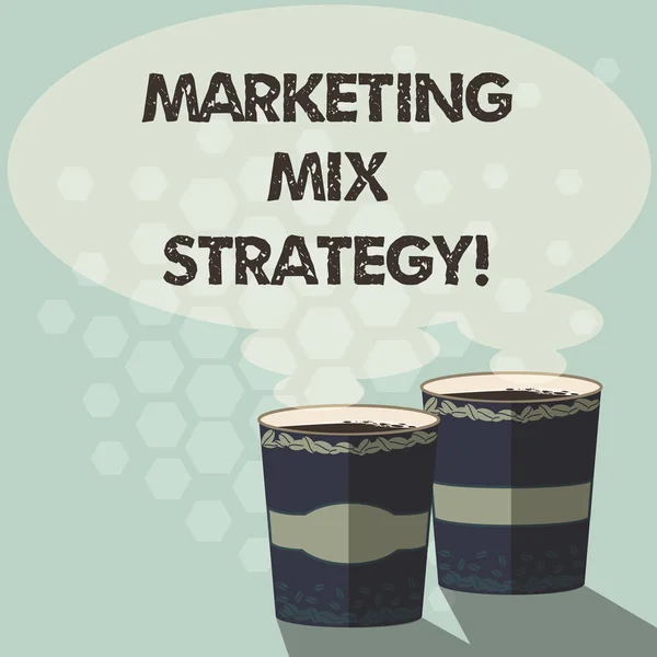 Word writing text Marketing Mix Strategy. Business concept for Set of governable tactical marketing tool company use Two To Go Cup with Beverage and Steam icon Blank Speech Bubble photo. — Stock Photo, Image