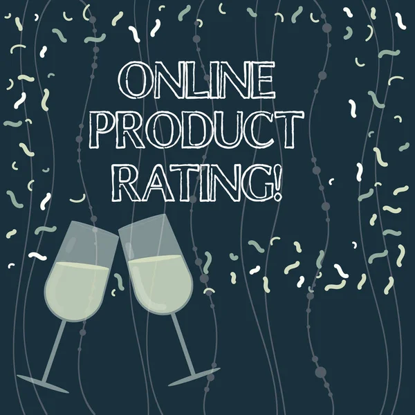 Writing note showing Online Product Rating. Business photo showcasing feedback on electronic commerce and online products Filled Wine Glass for Celebration with Scattered Confetti photo.