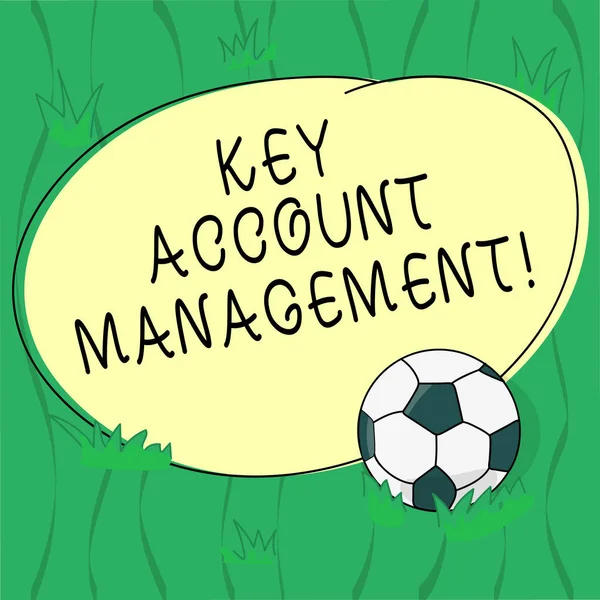 Word writing text Key Account Management. Business concept for Selling products to big customers and clients Soccer Ball on the Grass and Blank Outlined Round Color Shape photo.