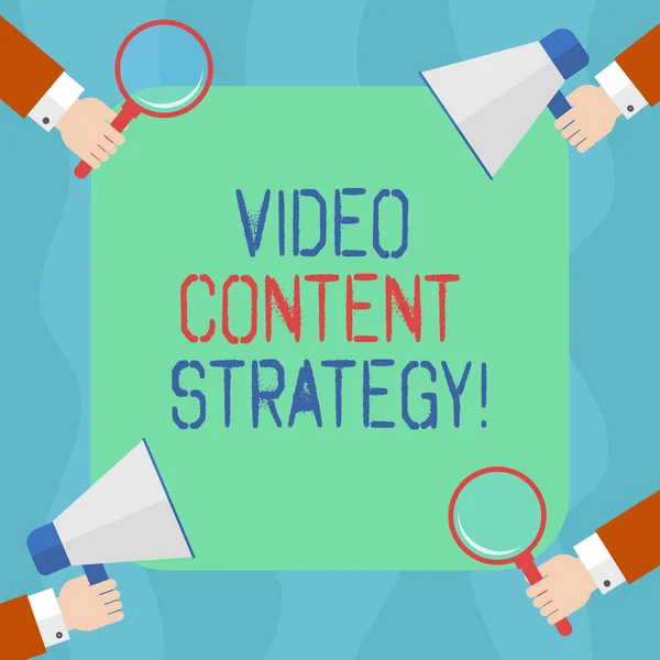 Conceptual hand writing showing Video Content Strategy. Business photo text use specific video format according to buying stages Hu analysis Hands Holding Magnifying Glass and Megaphone.