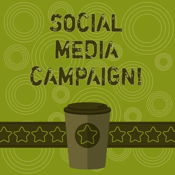 Escribir una nota mostrando Social Media Campaign. Exhibición de fotos de negocios Uso de las redes sociales para promocionar marcas o servicios 3D Coffee To Go Cup con tapa de tapa y estrellas en Strip Blank Text Space . — Foto de Stock