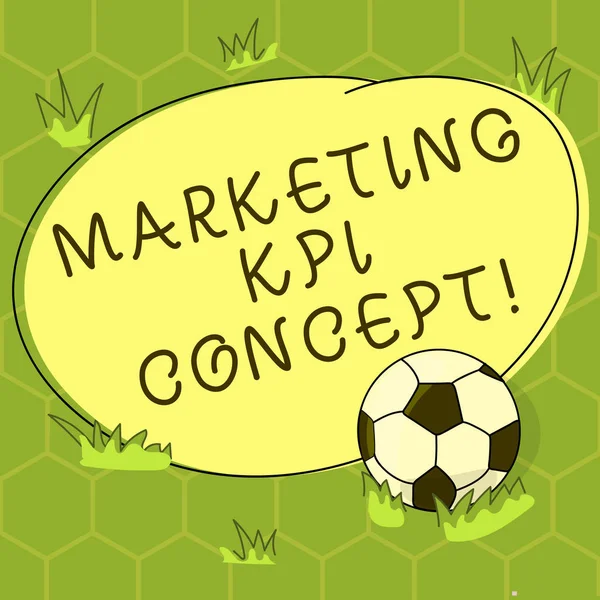 Conceptual hand writing showing Marketing Kpi Concept. Business photo showcasing measure efficiency of campaigns in marketing channels Soccer Ball on the Grass and Blank Round Color Shape photo.