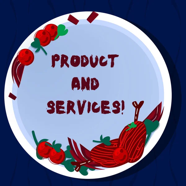 Handwriting text Product And Services. Concept meaning Tangible items and activities that can offer to market Hand Drawn Lamb Chops Herb Spice Cherry Tomatoes on Blank Color Plate. — Stock Photo, Image