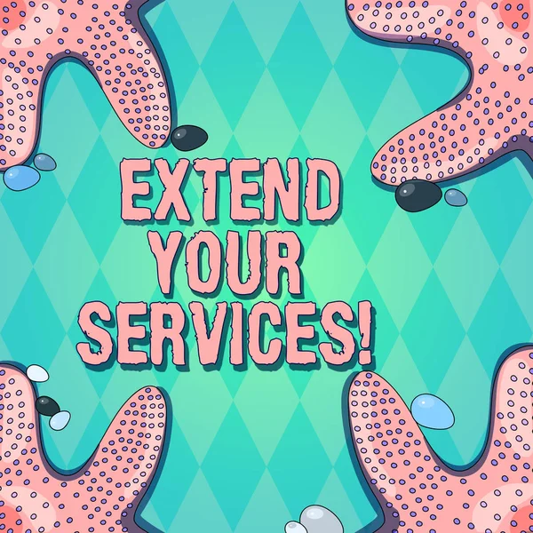 Text sign showing Extend Your Services. Conceptual photo Broaden or expand the scope of the services offered Starfish photo on Four Corners with Colorful Pebbles for Poster Ads Cards. — Stock Photo, Image