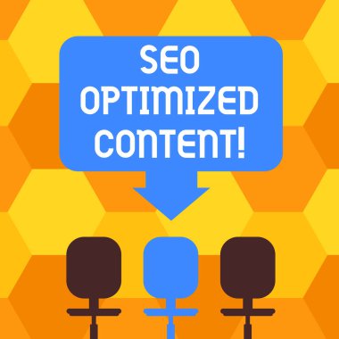 SEO optimize içerik yazma el yazısı metin. Boş alan renk ok işaret üç döner sandalyeler fotoğraf birini Web sitesi sayfaları aramak cazip hale anlam kavramı motorları.