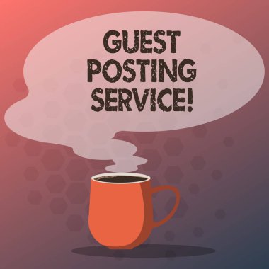 Konuk posta servisi gösterilen metin işareti. Diğer blogger s bir mesaja katkı kavramsal fotoğraf web sitesi kupa fotoğraf boş renk konuşma balonu ile sıcak kahve Kupası Buhar simge olarak hareketidir.