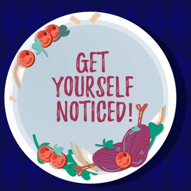 El yazısı metin olsun kendini fark ettim. Olmak veya açık veya göze çarpan anlam kavramı dışarı el çekilmiş kuzu pirzolası Herb baharat kiraz domates boş renk plaka üzerinde durmak.