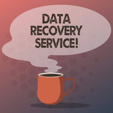 Veri kurtarma hizmeti gösterilen metin işareti. Kavramsal fotoğraf erişilemez ya da kayıp veri kupa fotoğraf Buhar simgesi olarak boş renk konuşma balonu ile sıcak kahve Kupası alma işlemi.