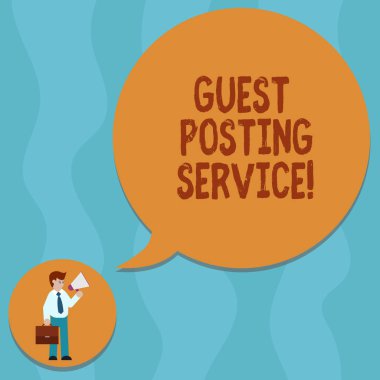 Kavramsal el konuk posta servisi gösterilen yazma. Diğer blogger s bir mesaja katkı iş fotoğraf vitrine Web sitesi adam taşıyan evrak çantası elinde megafon konuşma balonu hareketidir.