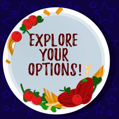 Word metin Your seçenekleri keşfetmek yazma. Bir el çekilmiş kuzu pirzolası Herb baharat kiraz domates boş renk plaka üzerinde karar vermek için daha fazla bilgi almaya çalışırken için iş kavramı.