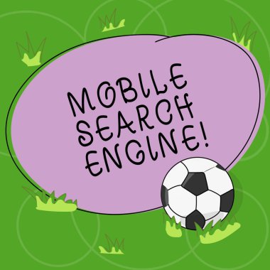 Word metin mobil arama motoru yazma. Çim ve boş ana hatları yuvarlak renk şekil fotoğrafı elde taşınır bir aygıtta futbol topu bir arama motorundan sorgulamak için iş kavramı.