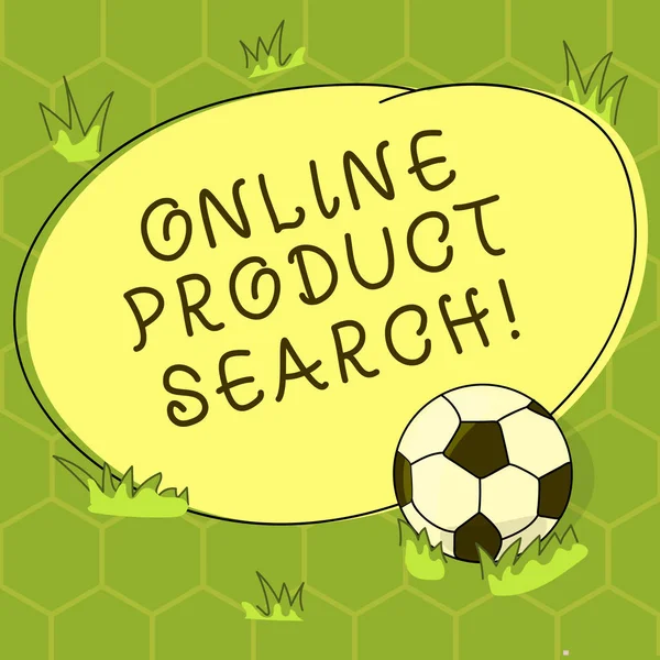 Conceptual hand writing showing Online Product Search. Business photo showcasing searching for goods and services over the Internet Soccer Ball on the Grass and Blank Round Color Shape photo.