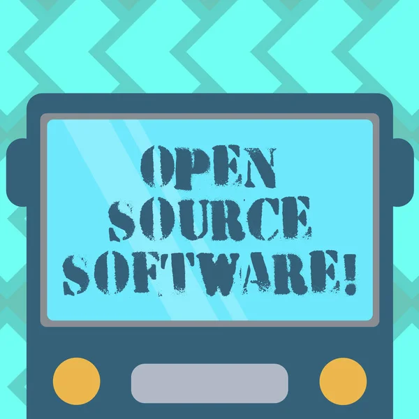Szöveg jel mutatja a nyílt forráskódú szoftverek. Fogalmi fénykép szoftver-val forrás kód, hogy bárki módosíthatja készült lapos Front nézet a Bus, üres színes ablak pajzs tükrözi. — Stock Fotó
