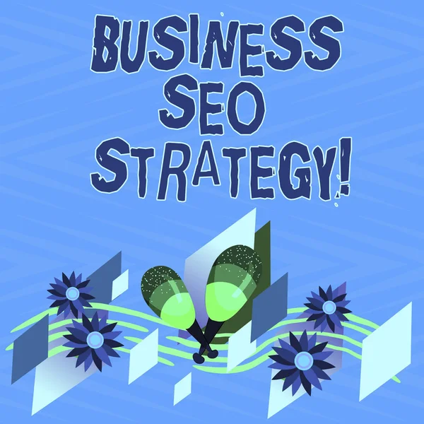 Segno di testo che mostra Business Seo Strategia. Foto concettuale Ottimizzazione del sito web per aumentare il numero di visite Colorful Instrument Maracas Handmade Flowers and Curved Musical Staff . — Foto Stock