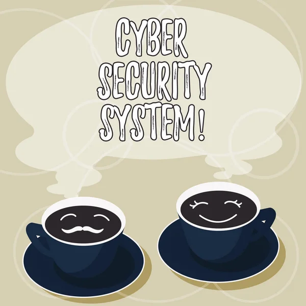 显示网络安全系统的概念手写。商业照片展示了保护计算机从黑客攻击杯酱油与蒸汽的技术和她的咖啡脸图标. — 图库照片