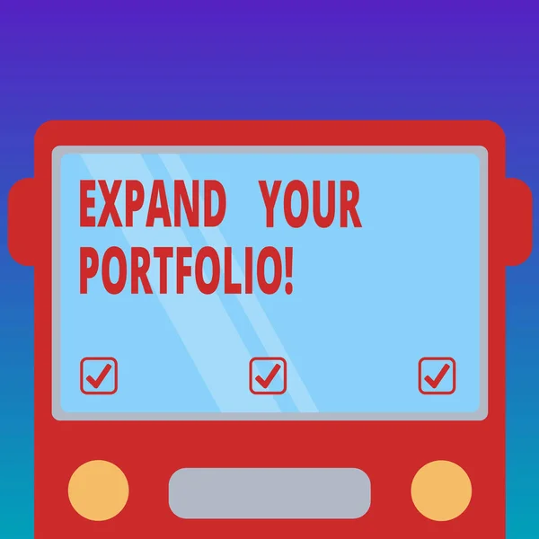 Handwriting text Expand Your Portfolio. Concept meaning Define the new company s is goals and success metrics Drawn Flat Front View of Bus with Blank Color Window Shield Reflecting.