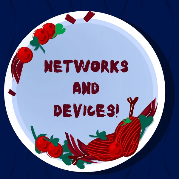 Handwriting text Networks And Devices. Concept meaning used to connect computers or other electronic devices Hand Drawn Lamb Chops Herb Spice Cherry Tomatoes on Blank Color Plate.