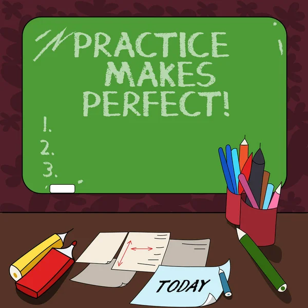 Word writing text Practice Makes Perfect. Business concept for Regular exercise of skill to become expert in it Mounted Blank Color Blackboard with Chalk and Writing Tools Sheets on Desk. — Stock Photo, Image