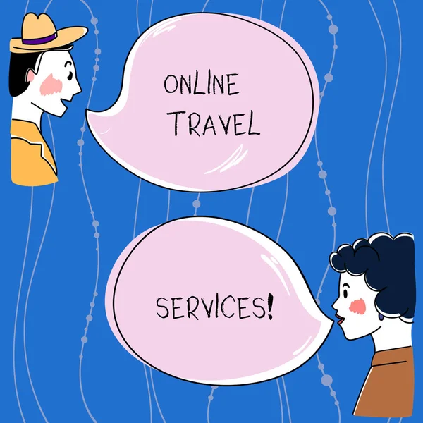 Word writing text Online Travel Services. Business concept for Runs travel and tourism related service to the public Hand Drawn Man and Wo analysis Talking photo with Blank Color Speech Bubble. — Stock Photo, Image