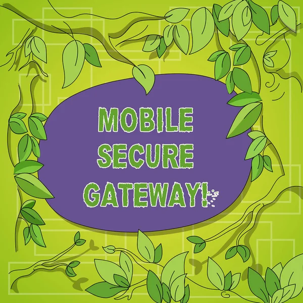 Writing note showing Mobile Secure Gateway. Business photo showcasing Securing devices from phishing or malicious attack Tree Branches Scattered with Leaves Surrounding Blank Color Text Space.