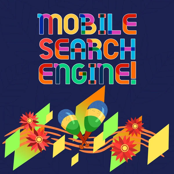 वर्ड लेखन पाठ मोबाइल खोज इंजन. एक हैंडहेल्ड डिवाइस से खोज इंजन पूछताछ के लिए व्यापार अवधारणा रंगीन उपकरण माराकास हस्तनिर्मित फूल और घुमावदार संगीत स्टाफ . — स्टॉक फ़ोटो, इमेज