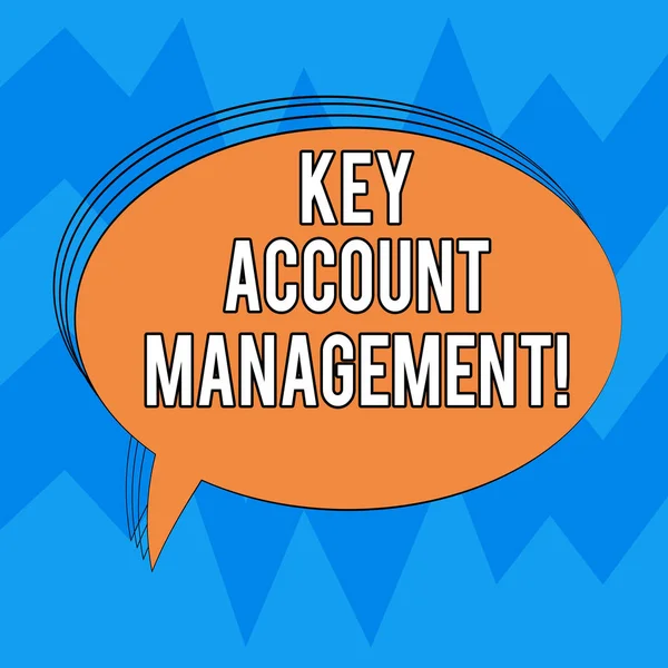 Writing note showing Key Account Management. Business photo showcasing Selling products to big customers and clients Oval Outlined Solid Color Speech Bubble Empty Text Balloon photo.