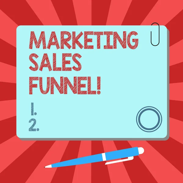Handwriting text Marketing Sales Funnel. Concept meaning Visual representation of the customer journey Blank Square Color Board with Magnet Click Ballpoint Pen Pushpin and Clip.