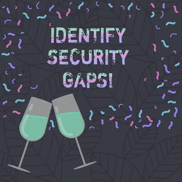 Conceptual hand writing showing Identify Security Gaps. Business photo text determine whether the controls in place are enough Filled Wine Glass for Celebration with Scattered Confetti photo.