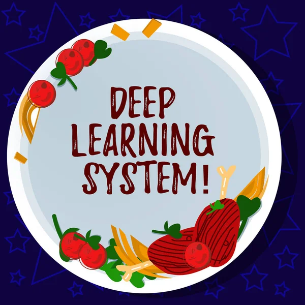 Word writing text Deep Learning System. Business concept for collection of algorithms used in machine learning Hand Drawn Lamb Chops Herb Spice Cherry Tomatoes on Blank Color Plate.