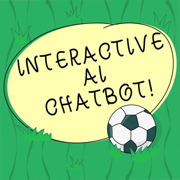 Word writing text Interactive Ai Chatbot. Business concept for computer program that simulates huanalysis conversation Soccer Ball on the Grass and Blank Outlined Round Color Shape photo.