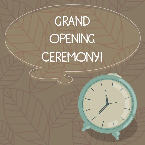 Writing note showing Grand Opening Ceremony. Business photo showcasing mark the opening of a new business or public place Blank Color Thought Speech Bubble with Outline and Alarm Clock photo.