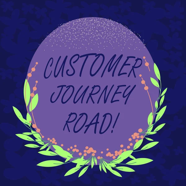 Testi scritti a mano Customer Journey Road. Concetto che significa Esperienze dei clienti quando interagiscono con il tuo marchio Forma ovale a colori vuoti con foglie e boccioli come confine per l'invito . — Foto Stock