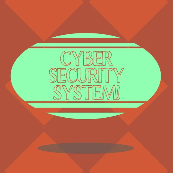 Handskrift text Cyber Security System. Konceptet innebär tekniker för att skydda datorer från hacking Blank färg ovalform med horisontell rand flytande och Shadow foto. — Stockfoto