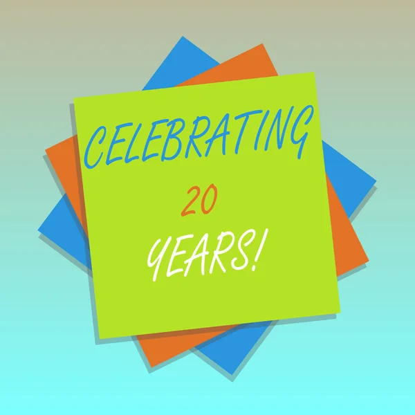 Handwriting text Celebrating 20 Years. Concept meaning Commemorating a special day being 20 years together Multiple Layer of Blank Sheets Color Paper Cardboard photo with Shadow. — Stock Photo, Image