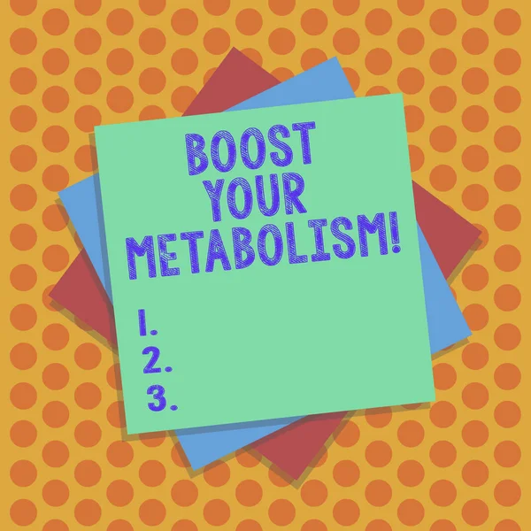 Zápis poznámky zobrazuje zvýšit váš metabolismus. Obchodní fotografie představí urychlení rozpadu kalorické potravy více vrstvy z listů barevný papír karton se stínem. — Stock fotografie