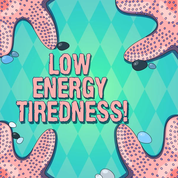 Text sign showing Low Energy Tiredness. Conceptual photo subjective feeling of tiredness that has gradual onset Starfish photo on Four Corners with Colorful Pebbles for Poster Ads Cards. — Stock Photo, Image