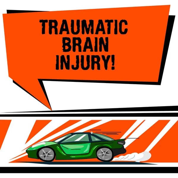 Tekst: Traumatic Brain Injury. Forretningskonsept for insult mot hjernen fra en ekstern mekanisk kraftbil med blindfargeboble med hurtigbevegelses-ikon og eksosrøyksøyle . – stockfoto