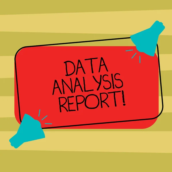 Sinal de texto mostrando Relatório de Análise de Dados. Informações de fotos conceituais sobre o processo de avaliação de dados Dois Megafone com ícone de som na cor em branco Forma retangular delineada . — Fotografia de Stock