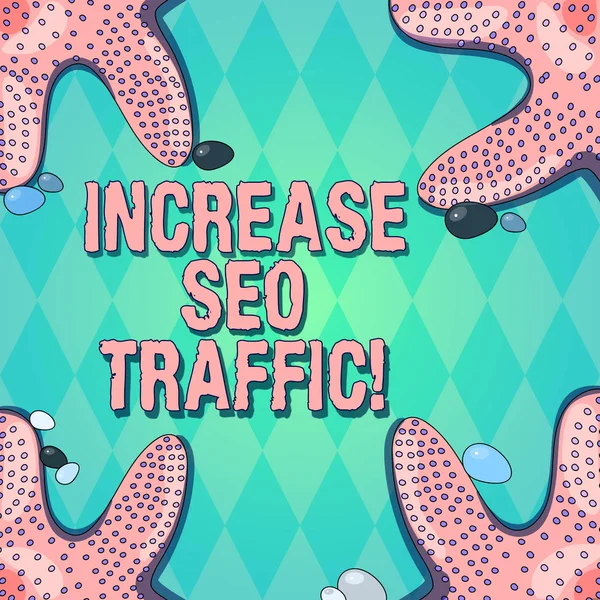 Text sign showing Increase Seo Traffic. Conceptual photo Improve webpage loading speed and optimize content Starfish photo on Four Corners with Colorful Pebbles for Poster Ads Cards.