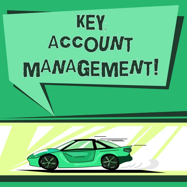 Text sign showing Key Account Management. Conceptual photo Selling products to big customers and clients Car with Fast Movement icon and Exhaust Smoke Blank Color Speech Bubble.