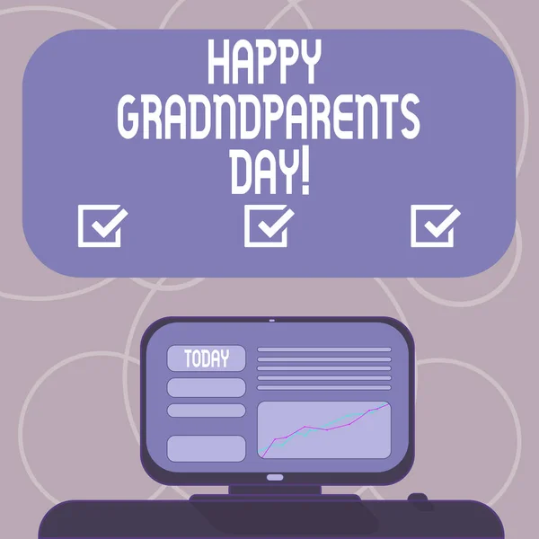 Szöveg írása boldog nagyszülők napja szó. Üzleti koncepció a nemzeti ünnep ünnepli, és tartsák tiszteletben a nagyszülők csatlakoztatott számítógép képernyő, a vonal grafikon a pult üres szín mezőre. — Stock Fotó