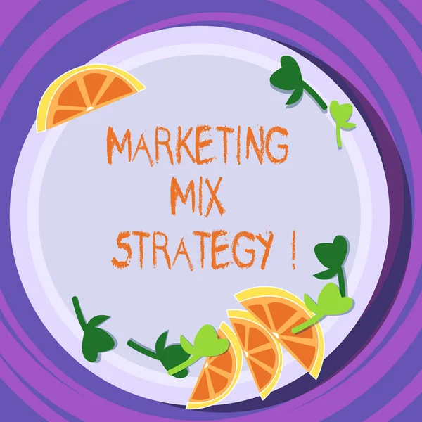 Conceptual hand writing showing Marketing Mix Strategy. Business photo text Set of governable tactical marketing tool company use Cutouts of Sliced Lime Wedge and Herb Leaves on Color Plate. — Stock Photo, Image