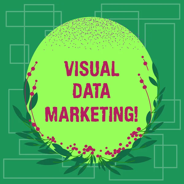 Writing note showing Visual Data Marketing. Business photo showcasing Use images to convey information in visual format Blank Color Oval Shape with Leaves and Buds as Border for Invitation.