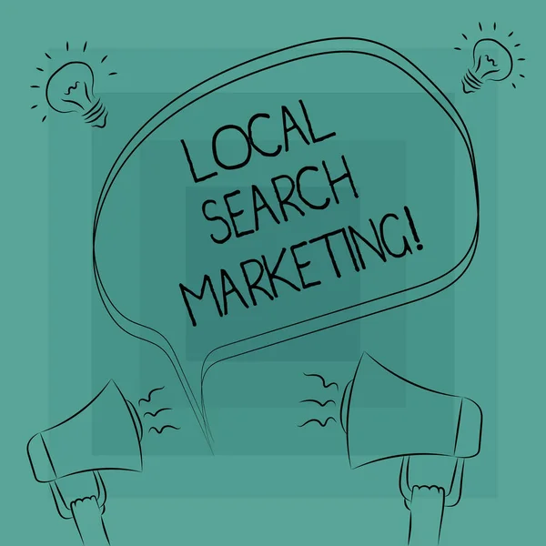 Conceptual hand writing showing Local Search Marketing. Business photo text Physical business Facetoface contact with customers Freehand Outline Sketch of Speech Bubble Megaphone Idea Icon.