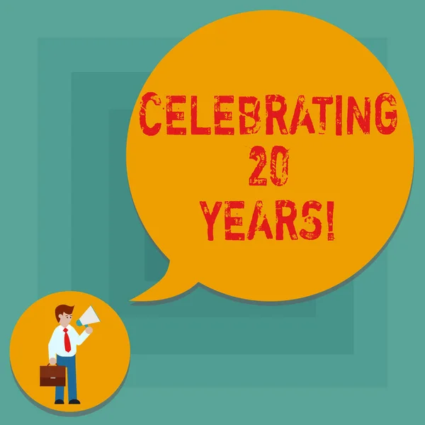 Conceptual hand writing showing Celebrating 20 Years. Business photo text Commemorating a special day being 20 years together Man in Necktie Carrying Briefcase Holding Megaphone Speech Bubble. — Stock Photo, Image