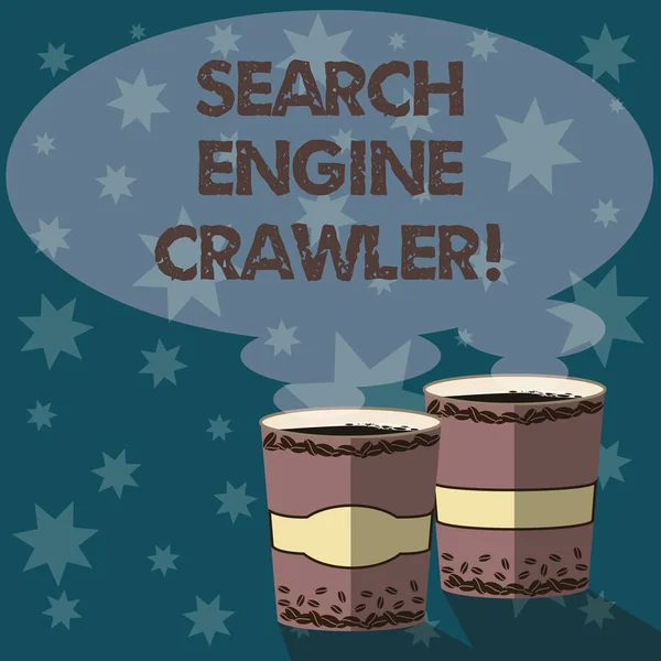 Text sign showing Search Engine Crawler. Conceptual photo program or automated script that browses the web Two To Go Cup with Beverage and Steam icon Blank Speech Bubble photo. — Stock Photo, Image