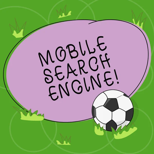 Word writing text Mobile Search Engine. Business concept for Querying a search engine from a handheld device Soccer Ball on the Grass and Blank Outlined Round Color Shape photo.