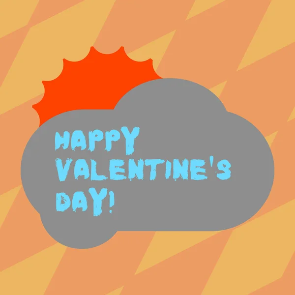 Happy Day Valentine S to Wyświetlono znak tekstu. Koncepcyjne zdjęcia, gdy miłośników wyrazić swoje uczucia z pozdrowienia słońce ukrywanie świeci za puste puszysty kolor chmura zdjęcie do reklamy Poster. — Zdjęcie stockowe