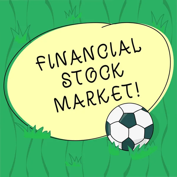 Word writing text Financial Stock Market. Business concept for showing trade financial securities and derivatives Soccer Ball on the Grass and Blank Outlined Round Color Shape photo.